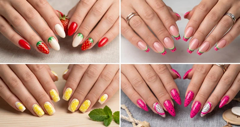 Collage of four fruit nail designs including strawberry accents, watermelon French tips, lemon slices, and dragon fruit speckles
