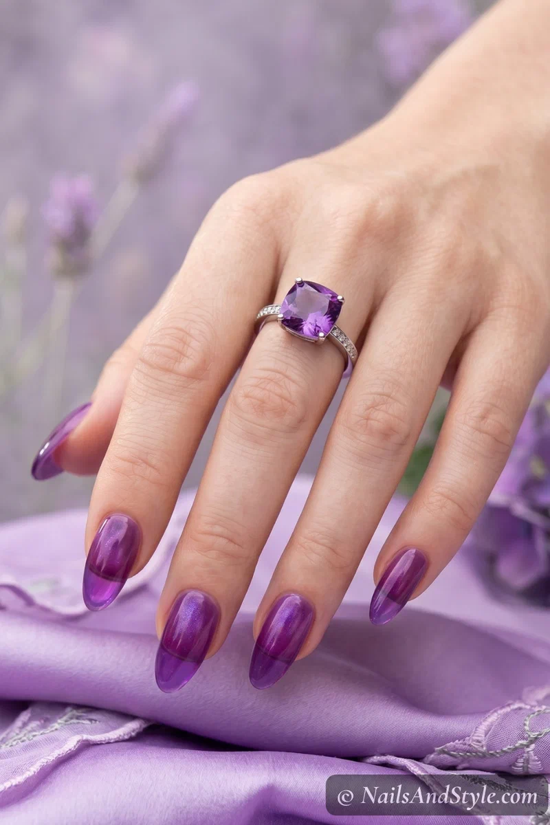 Sheer purple grape jelly nails with translucent squishy finish and shimmer