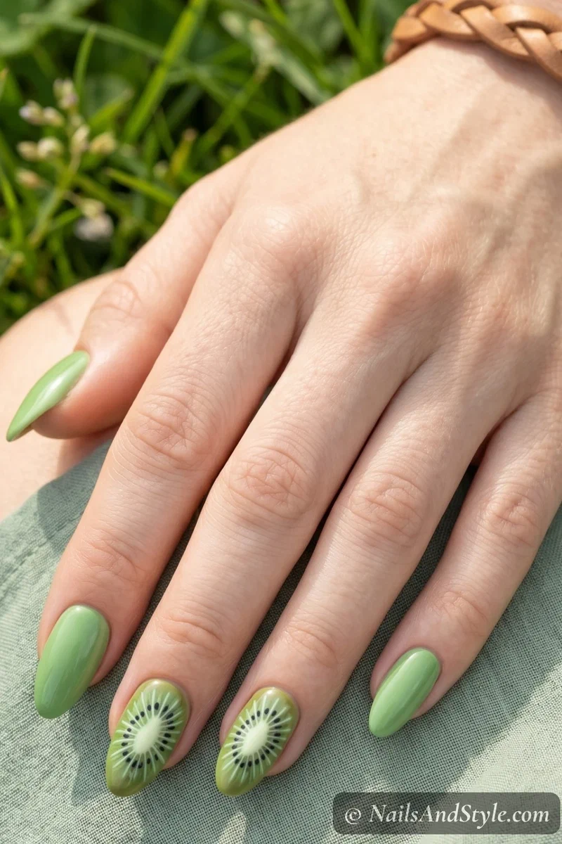Kiwi slice nail art with green gradient, white center, and black seed details