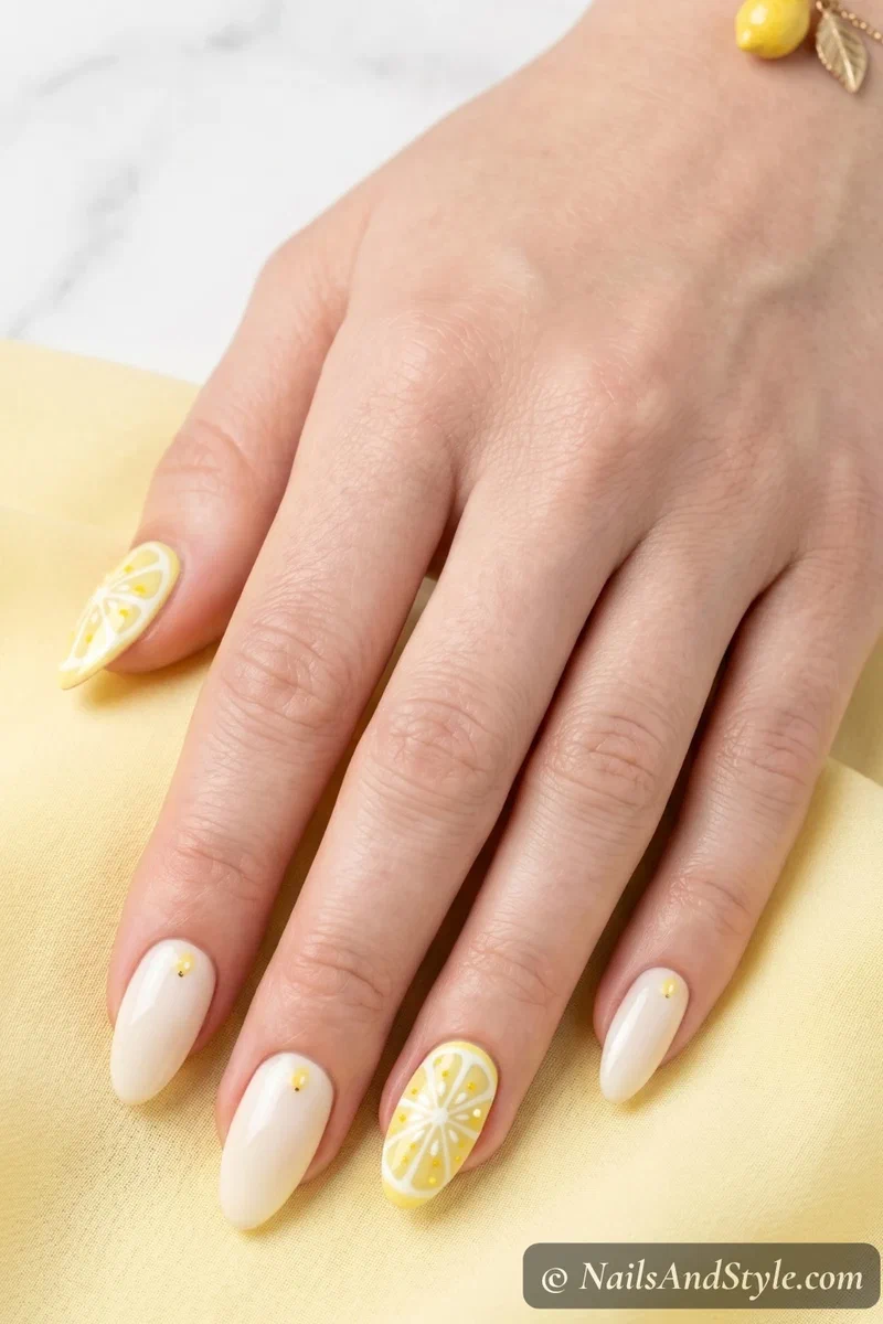 Lemon slice nail art on warm white base with detailed citrus segments
