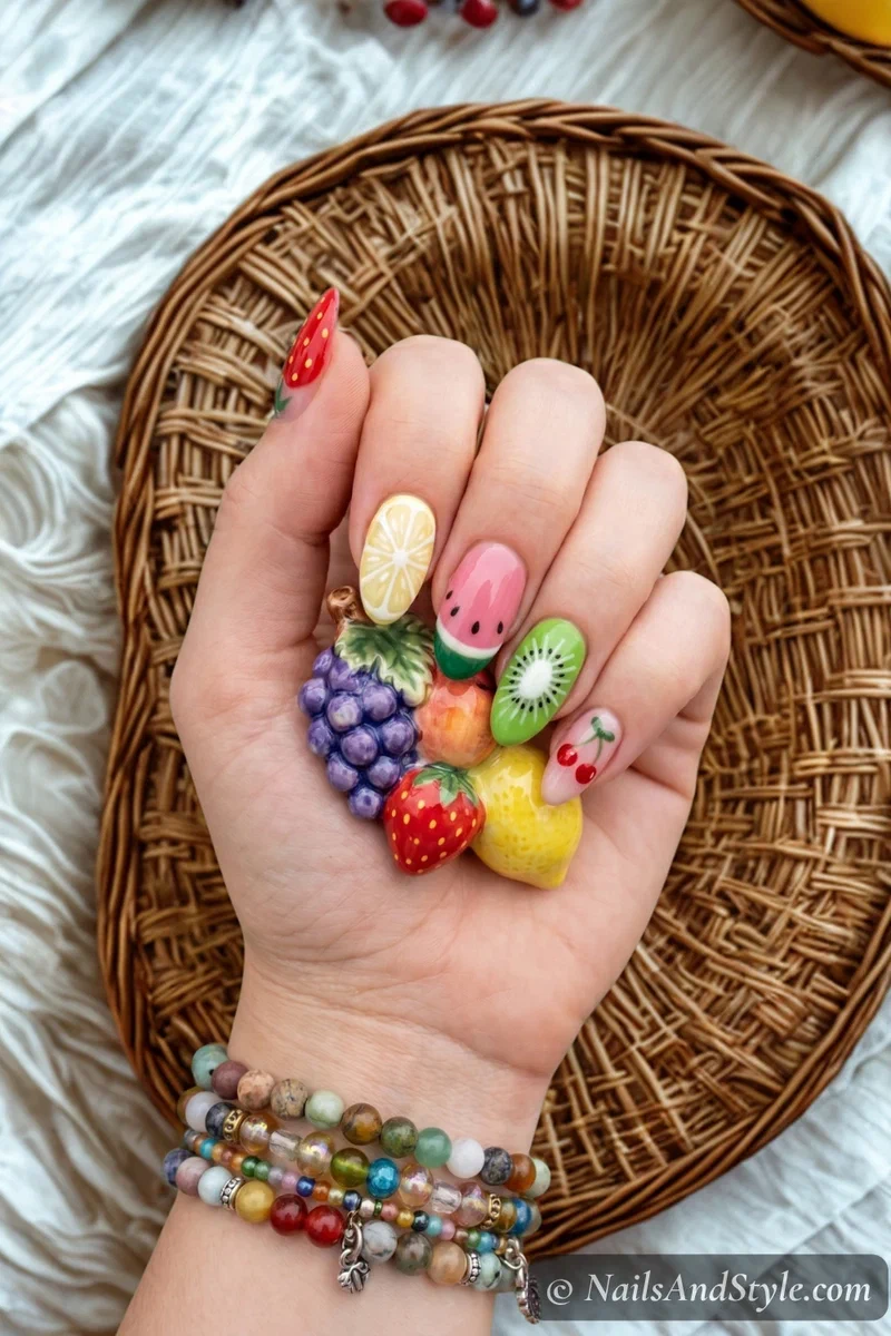 Mixed fruit salad nails with different fruit design on each finger