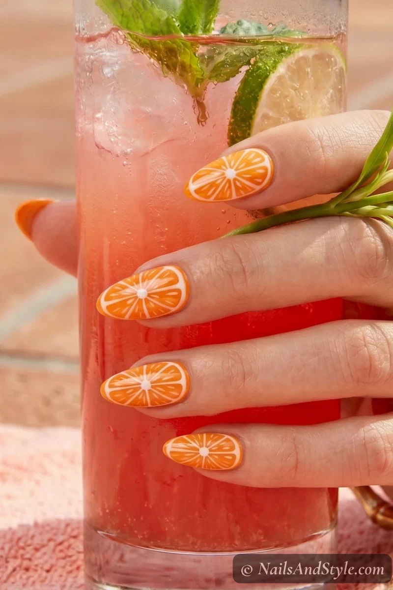 Orange citrus slice nail art with white segment lines on vibrant orange base