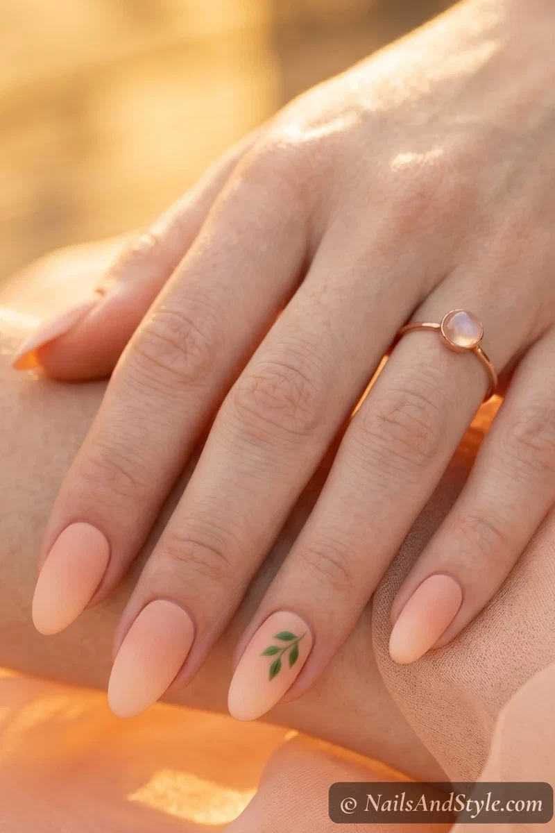 Peach ombré gradient nails blending soft peach to nude with green leaf accent