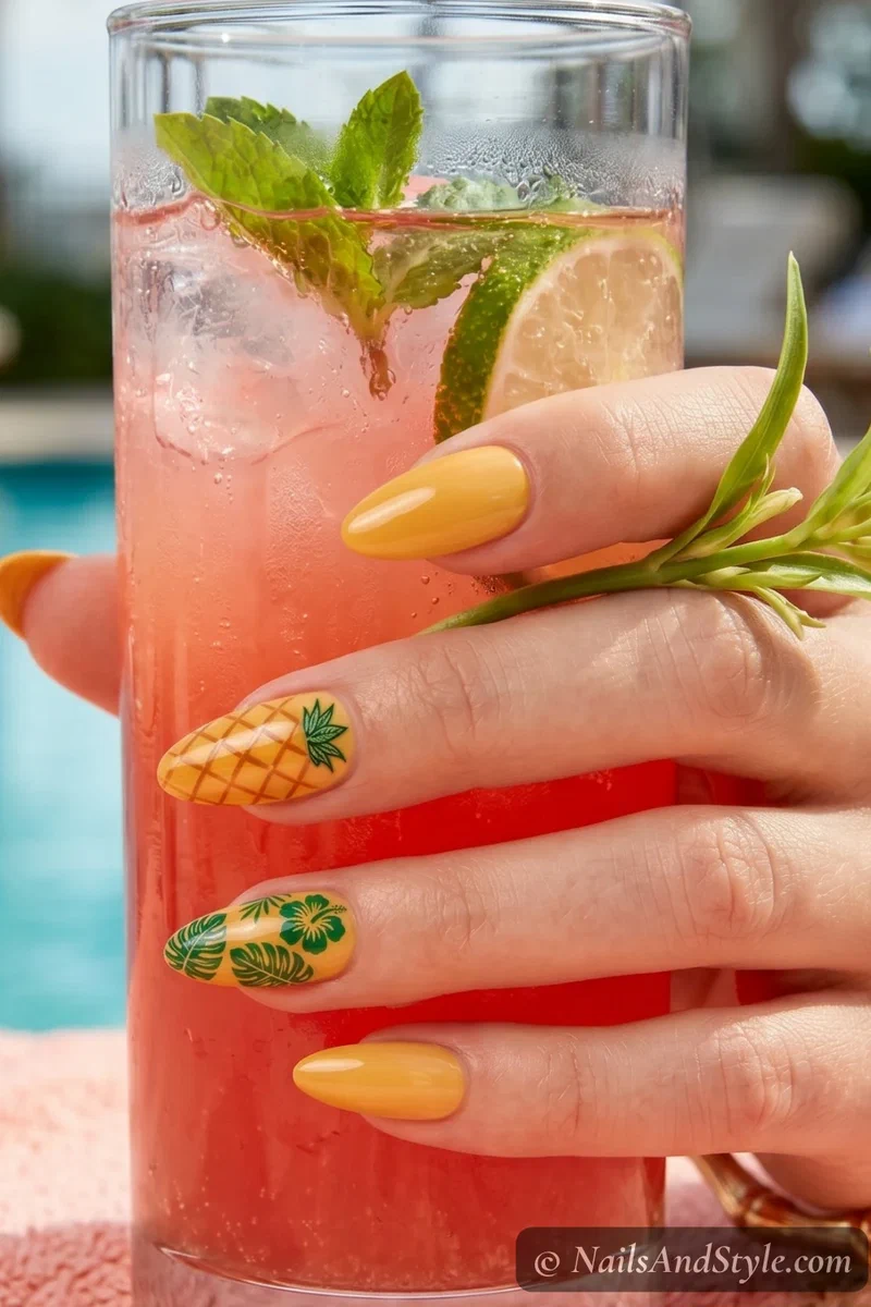 Pineapple nail art with golden yellow crosshatch pattern and green leaf crown