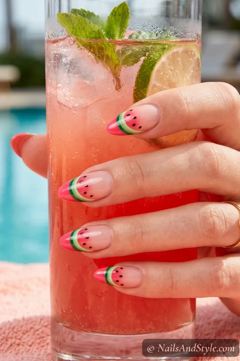 Watermelon French tip nails with pink tips, green rind stripe, and black seed dots