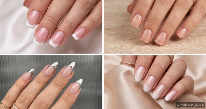 Four gel French tip looks — classic white, a soft baby boomer ombre, silver chrome tips, and a thin colored micro French — all with high-gloss gel shine