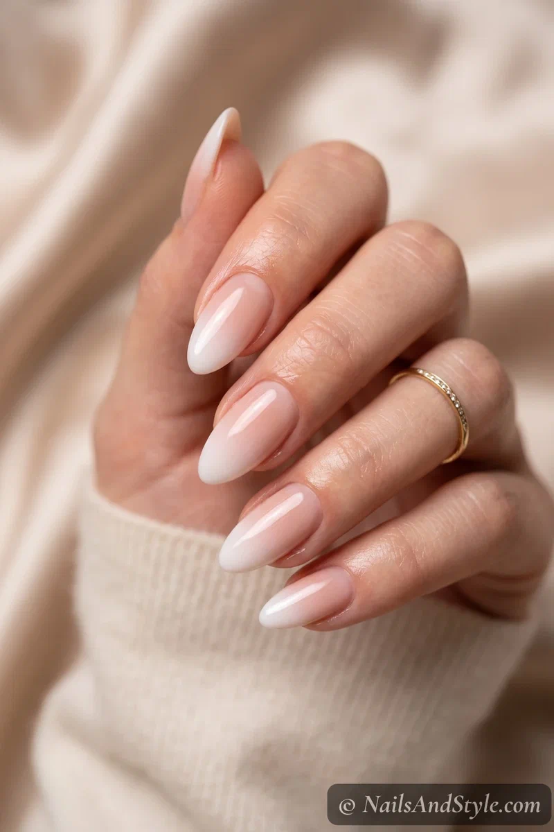 Baby boomer gel French nails with a soft white-to-nude ombre gradient blended at the tips, glossy finish