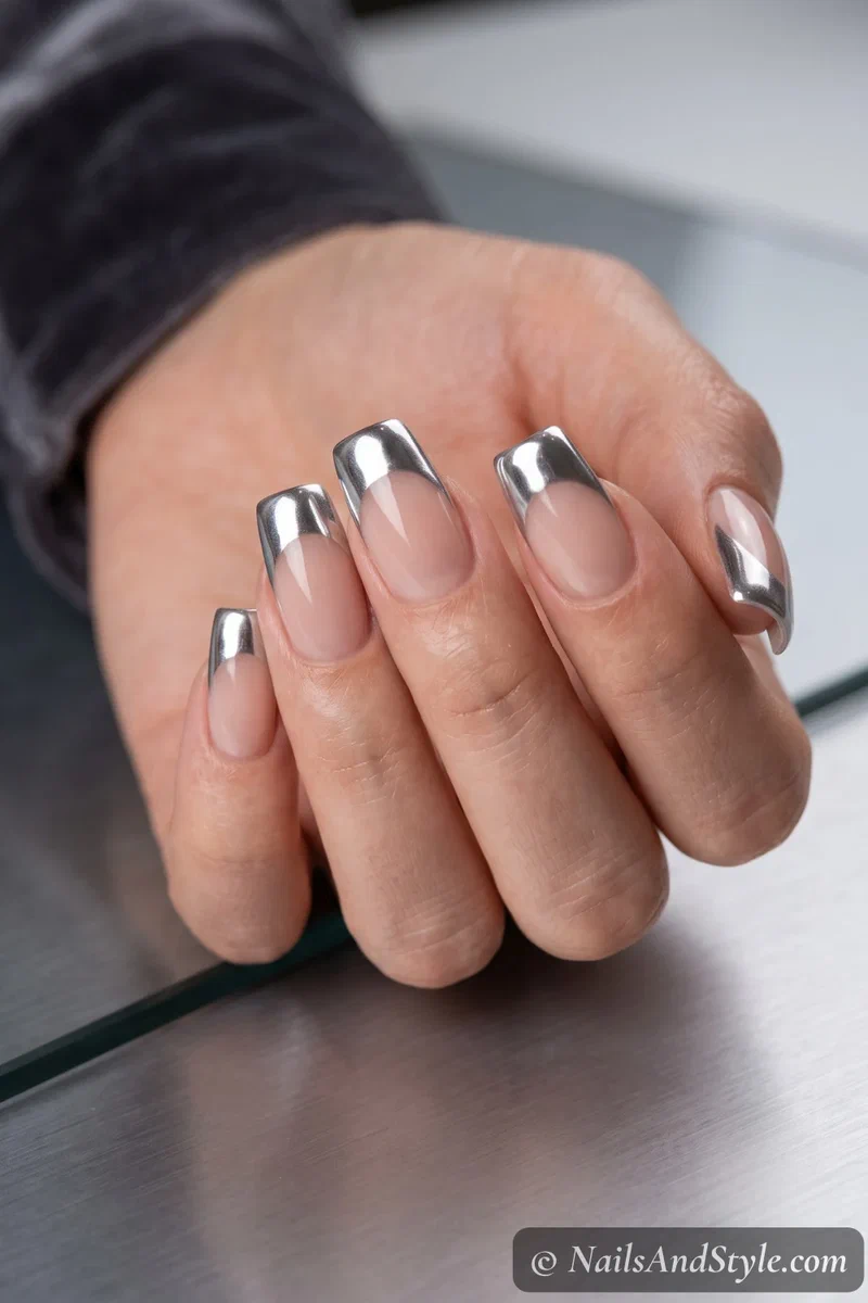Silver chrome gel French tip nails with a mirror metallic finish on the tips over a nude base