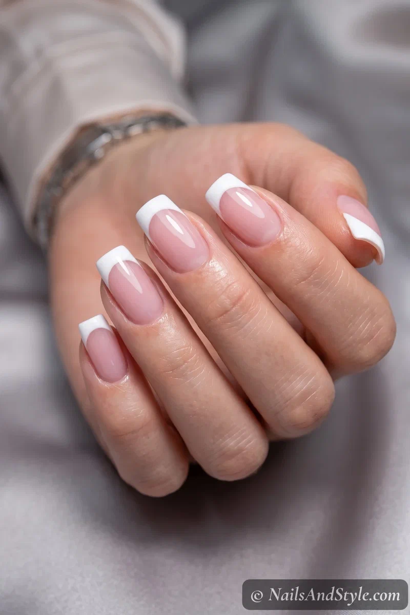 Classic white gel French tip nails with a crisp curved smile line over a sheer pink base, high-gloss finish