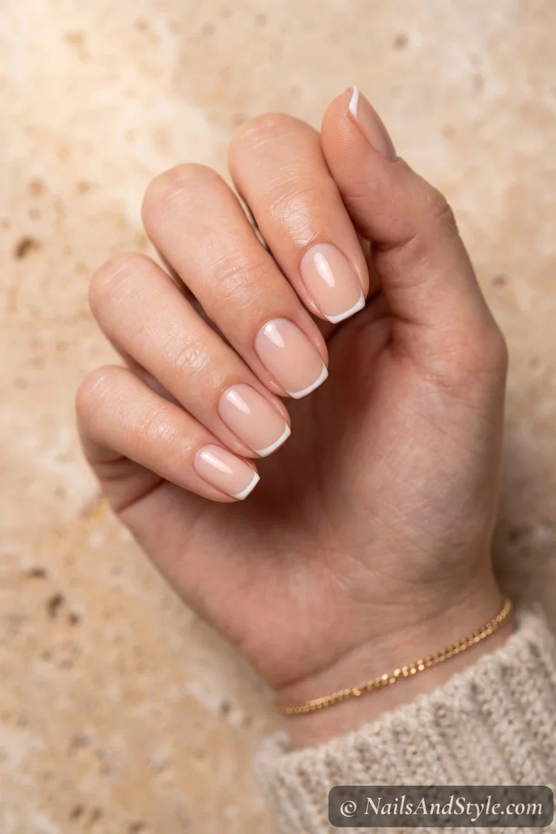 Delicate gel French tips on short natural nails with an ultra-thin white line over a nude base, glossy finish