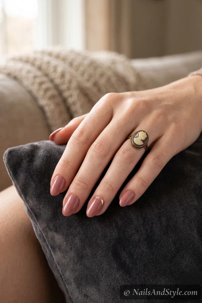 Dusty rose dip powder nails on short almond shaped nails with smooth salon-quality glossy finish