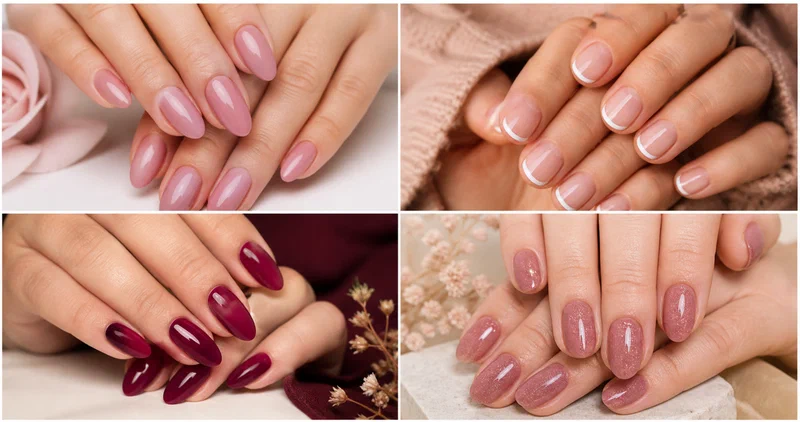 Collage of four no-UV gel nail methods including no-light gel polish, gel stickers, hybrid polish, and dip powder on almond shaped nails
