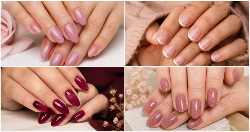 Collage of four no-UV gel nail methods including no-light gel polish, gel stickers, hybrid polish, and dip powder on almond shaped nails