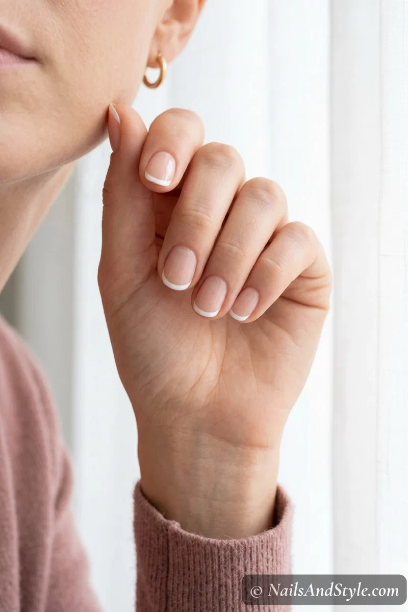 Minimalist French tip gel nail stickers perfectly applied on short round nails