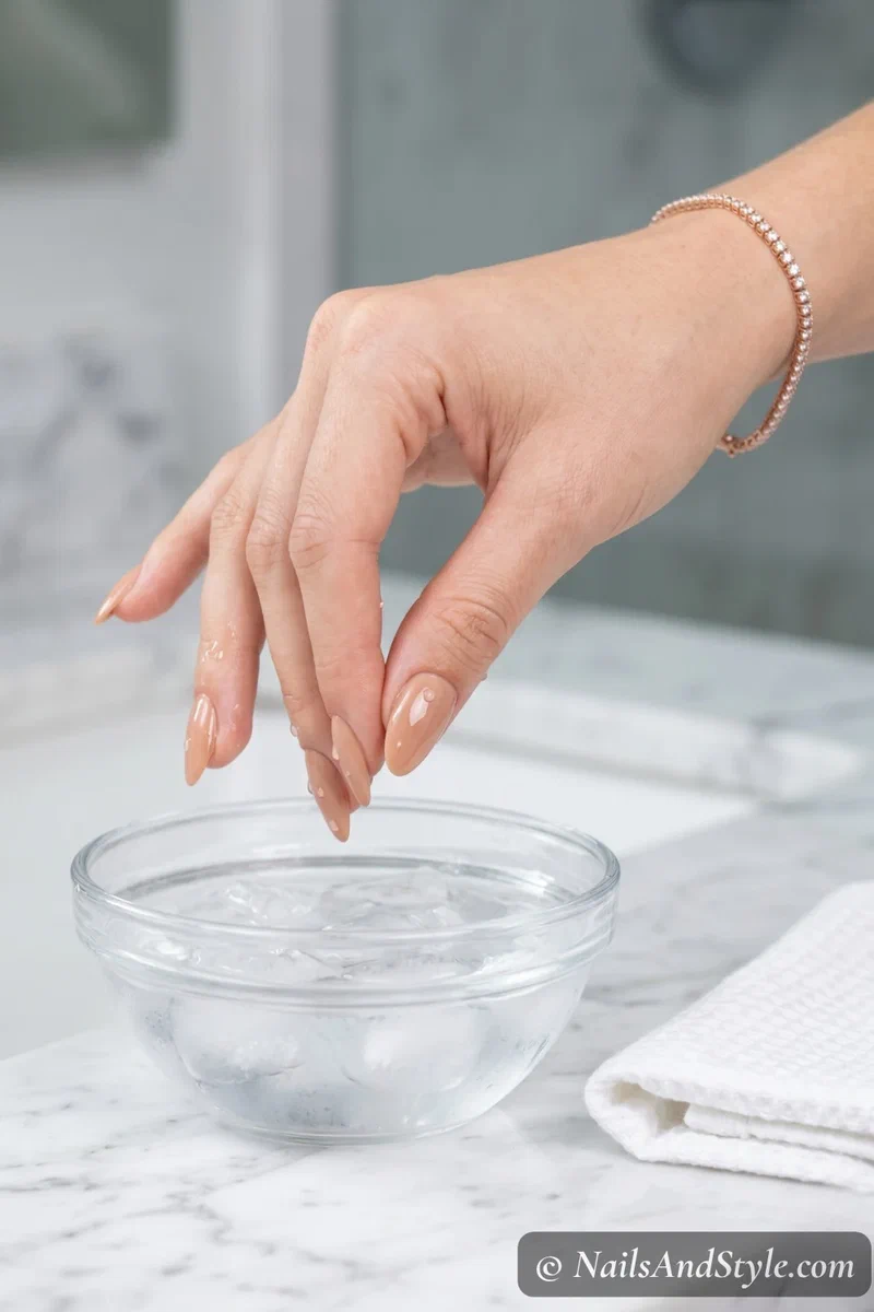 Fingertips with soft nude gel polish dipping into a clear glass bowl filled with ice water