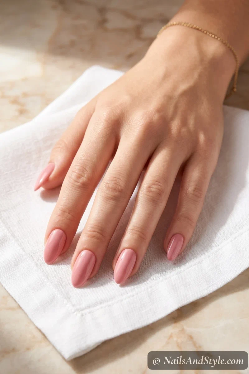 Glossy soft rose pink no-light gel polish on almond shaped nails with thick gel-like finish