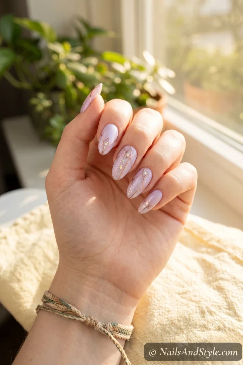Hand with pale lavender gel nails resting in a warm patch of natural sunlight on a windowsill