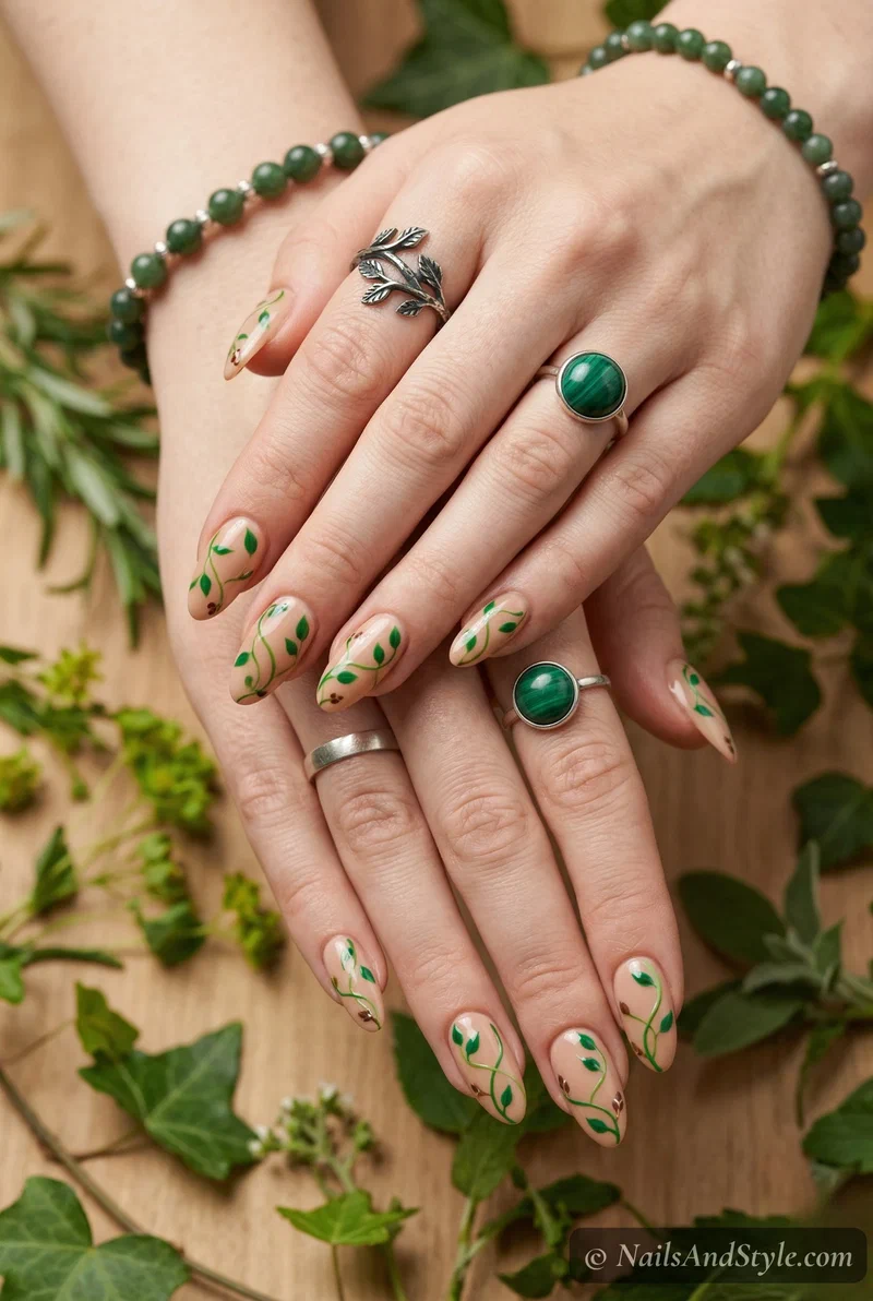 Botanical green vine nail art with tiny leaves on nude base