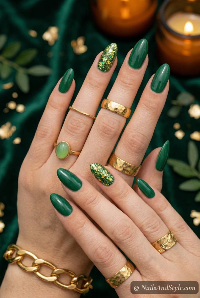 Emerald green nails with gold glitter accent on ring finger