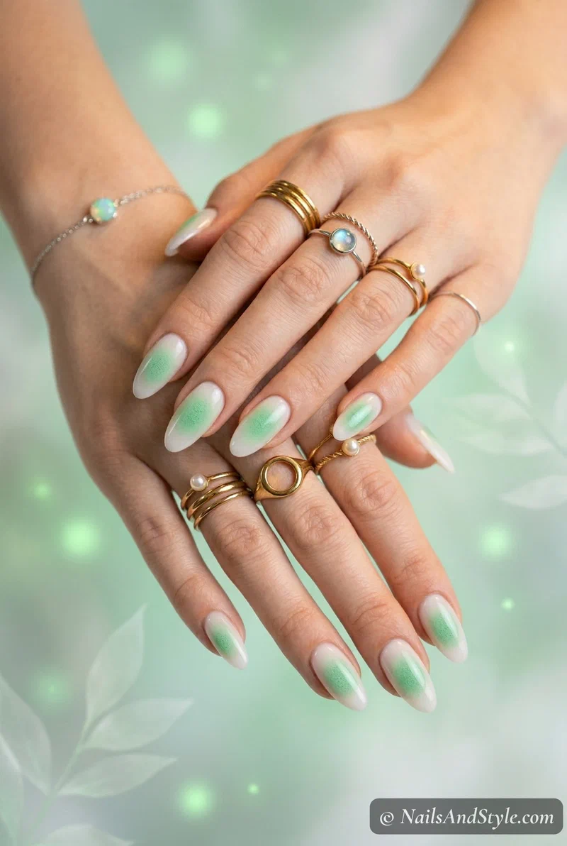 Green aura nail art with sponged glow effect