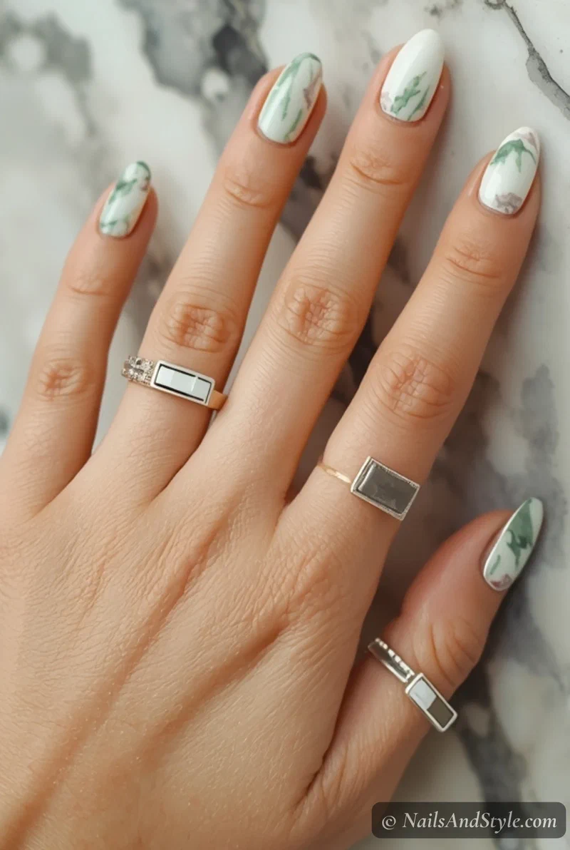 Pale green marble swirl nail art with white pattern on short almond nails