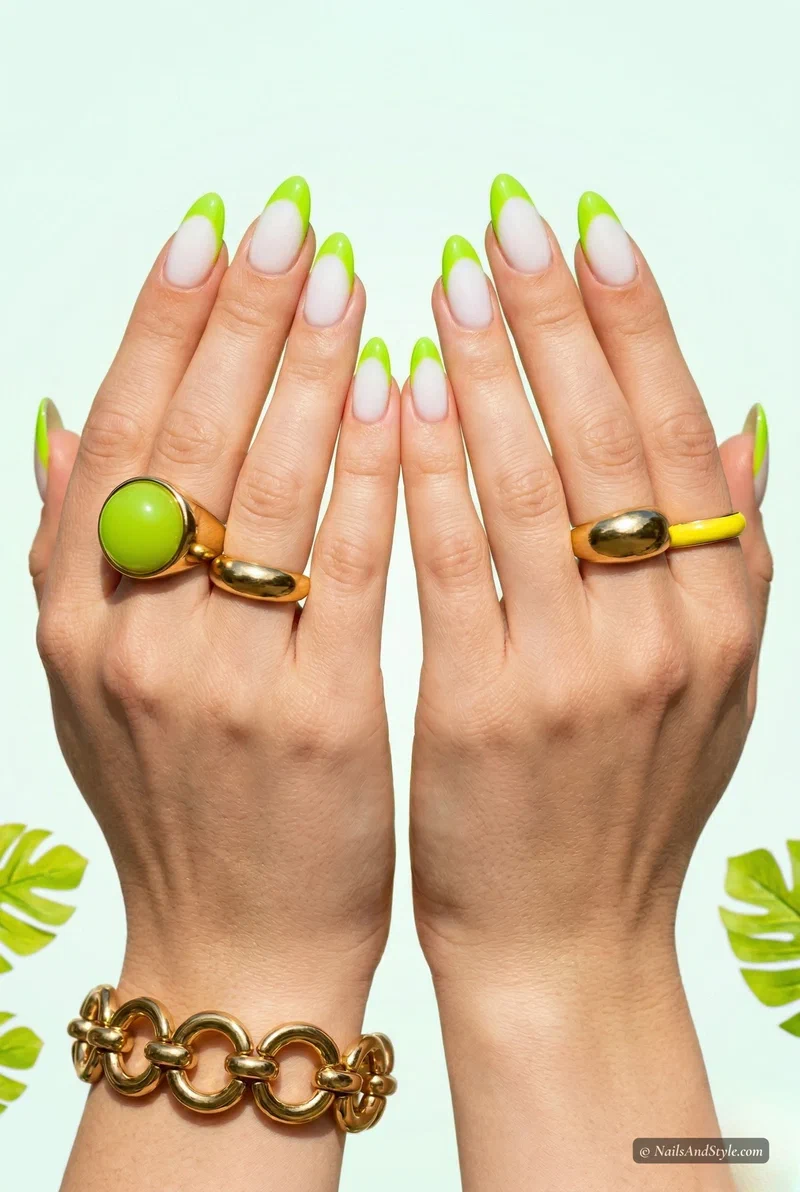 Bright lime green french tip nails with milky white base