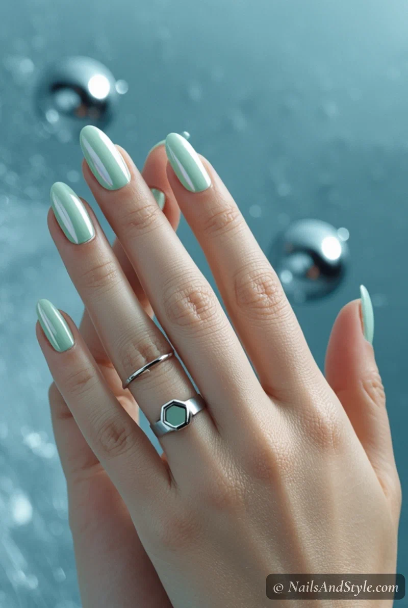 Mint chrome nails with mirror finish on almond nails