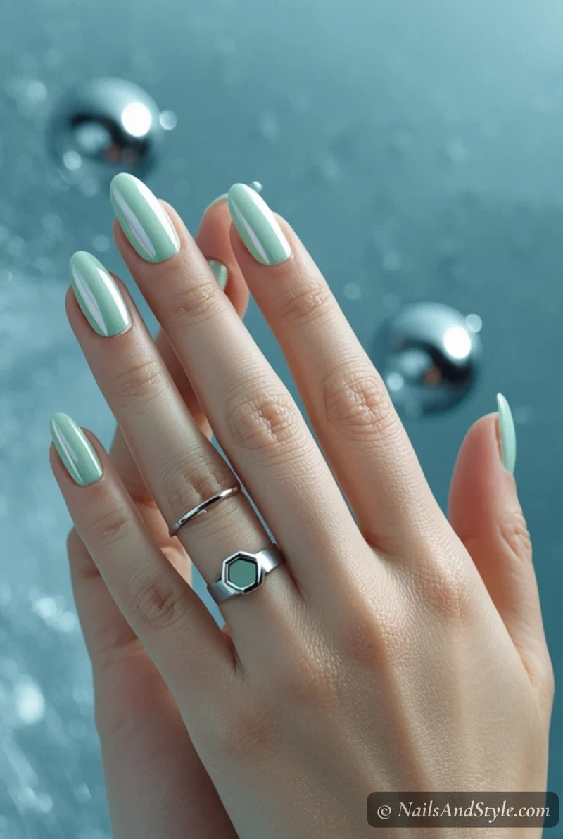 Mint chrome nails with mirror finish on almond nails