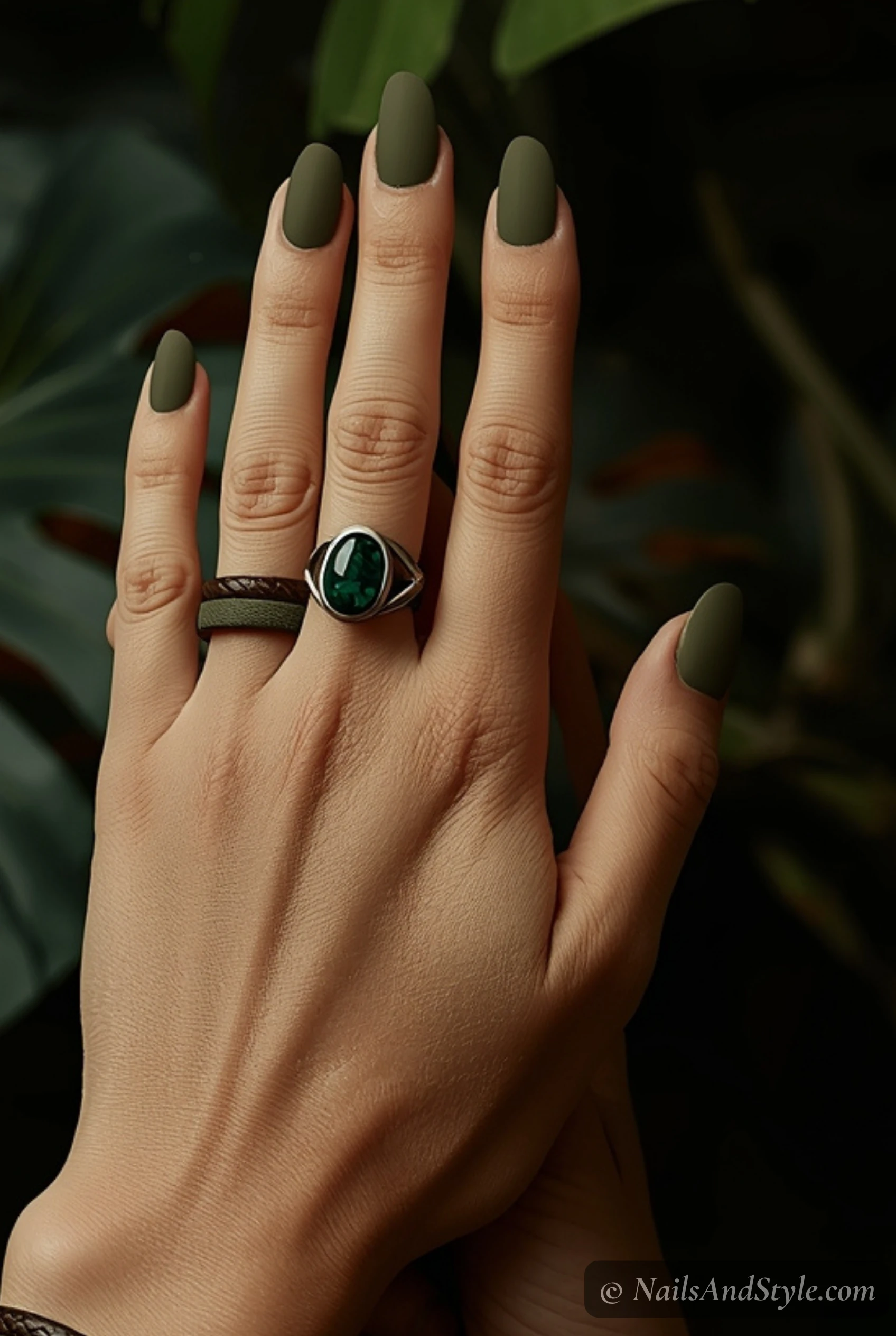Olive green matte nails