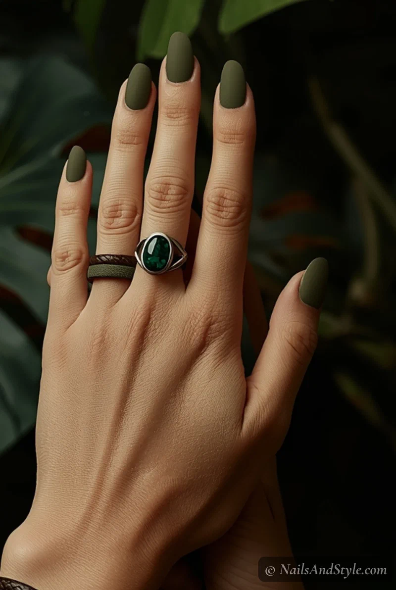 Olive green matte nails on short squoval nails