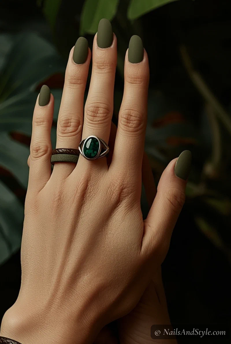 Olive green matte nails on short squoval nails