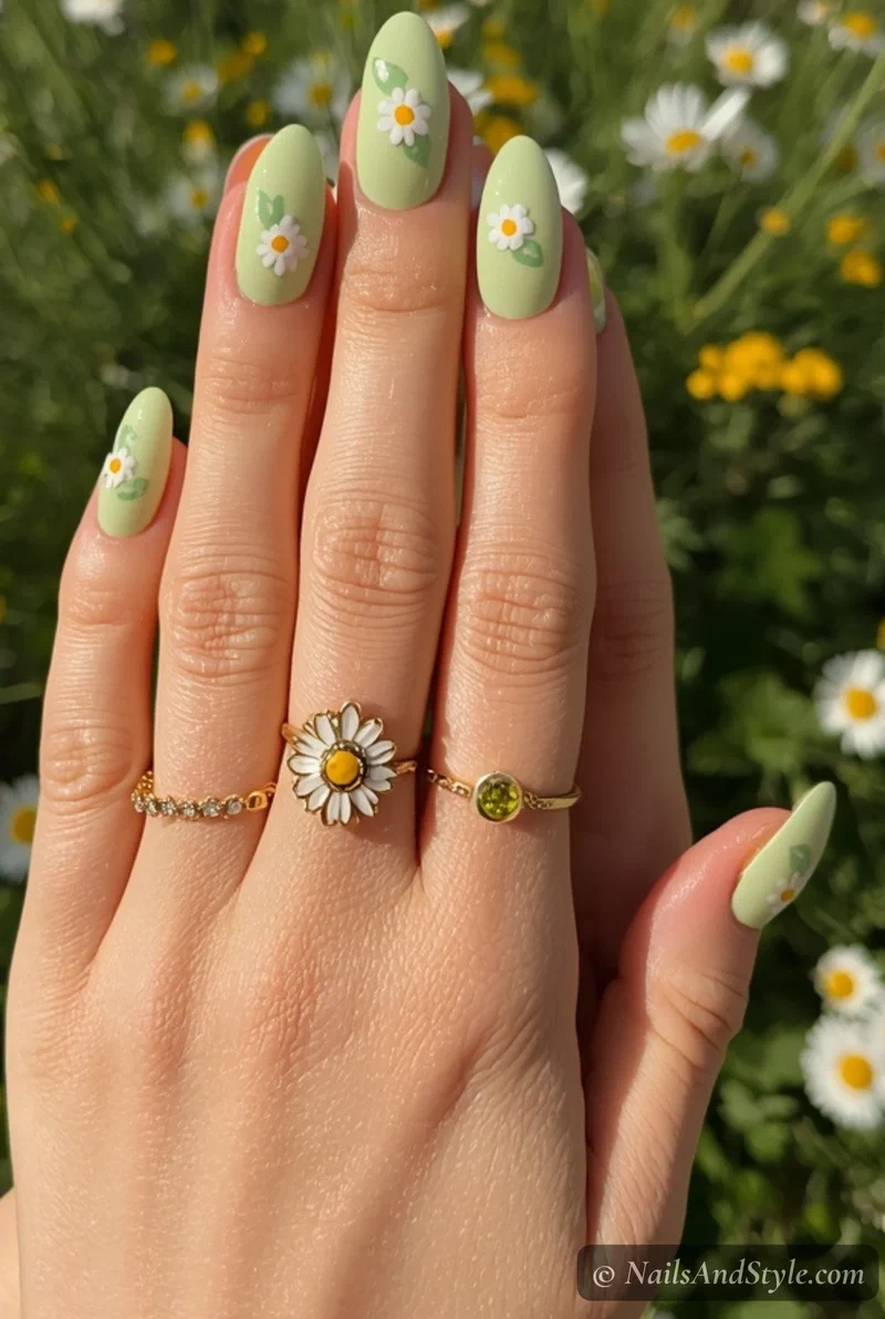 Pastel green nails with tiny white daisy floral details