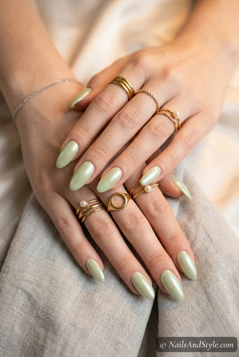 Pistachio green nails with pearl shimmer top coat