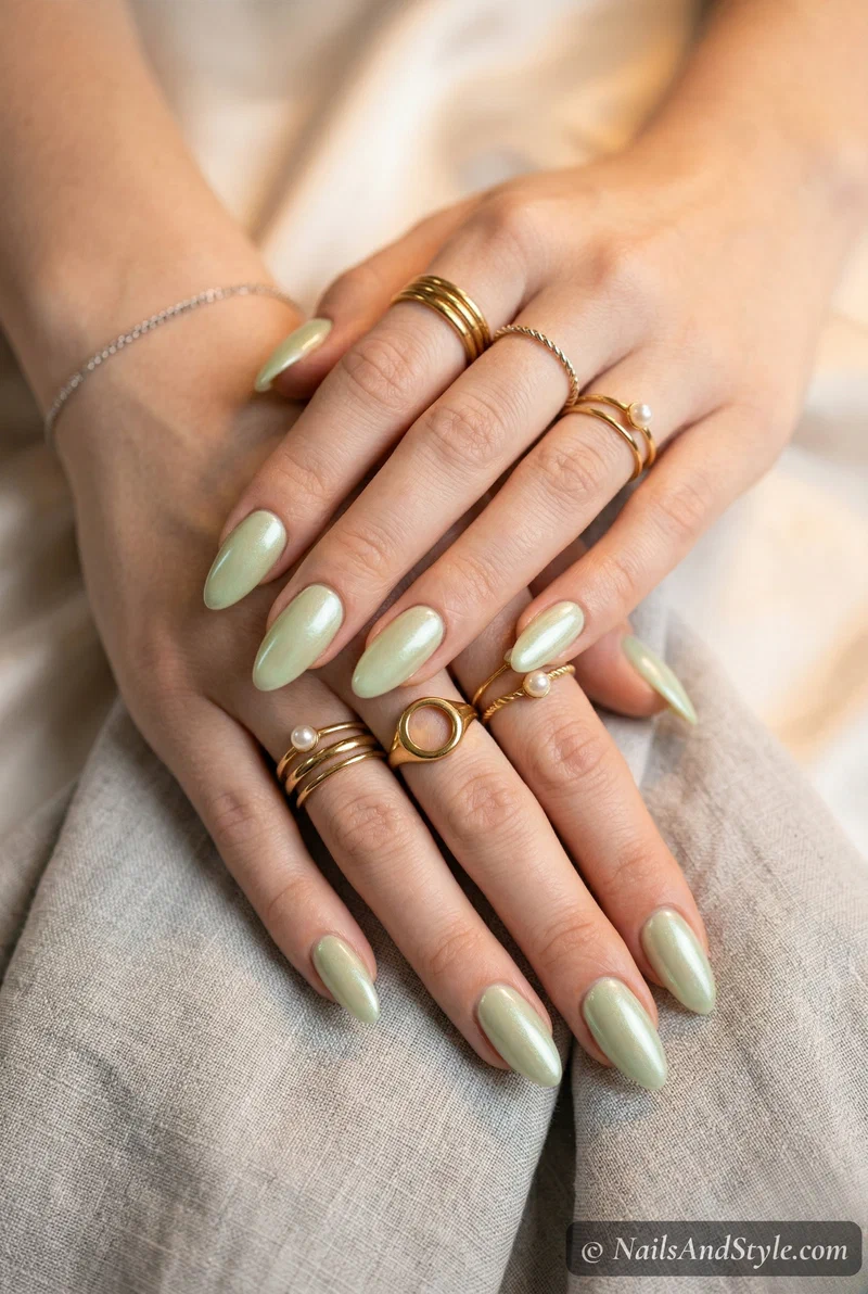 Pistachio green nails with pearl shimmer top coat