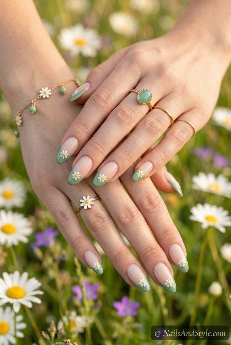 Sage green french tip nails with tiny daisy details