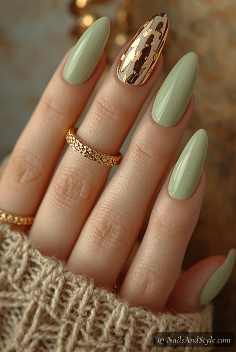 Sage green nails with gold foil flecks accent