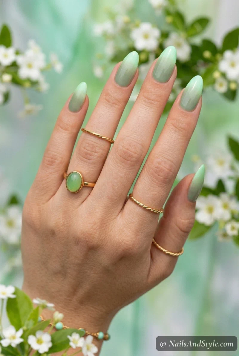 Two tone green ombre nails fading from sage to mint