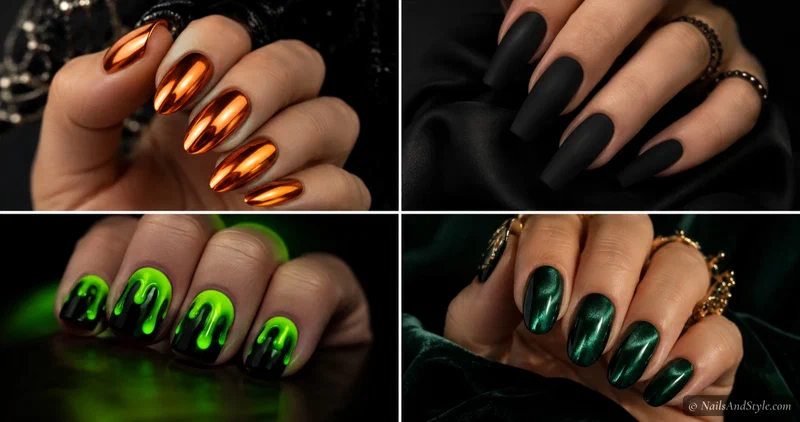 Four Halloween nail finishes — orange chrome, matte black, glowing green slime, and emerald velvet