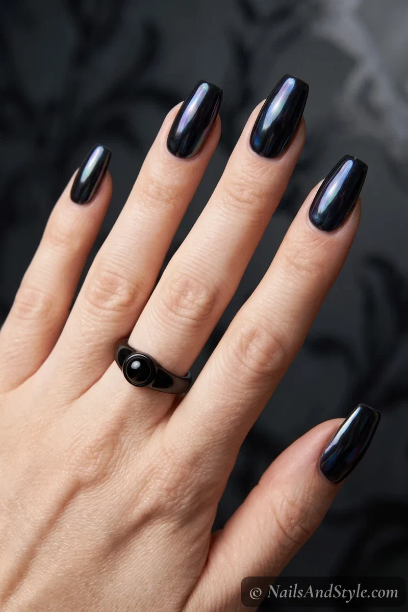Dark oil-slick black chrome mirror nails