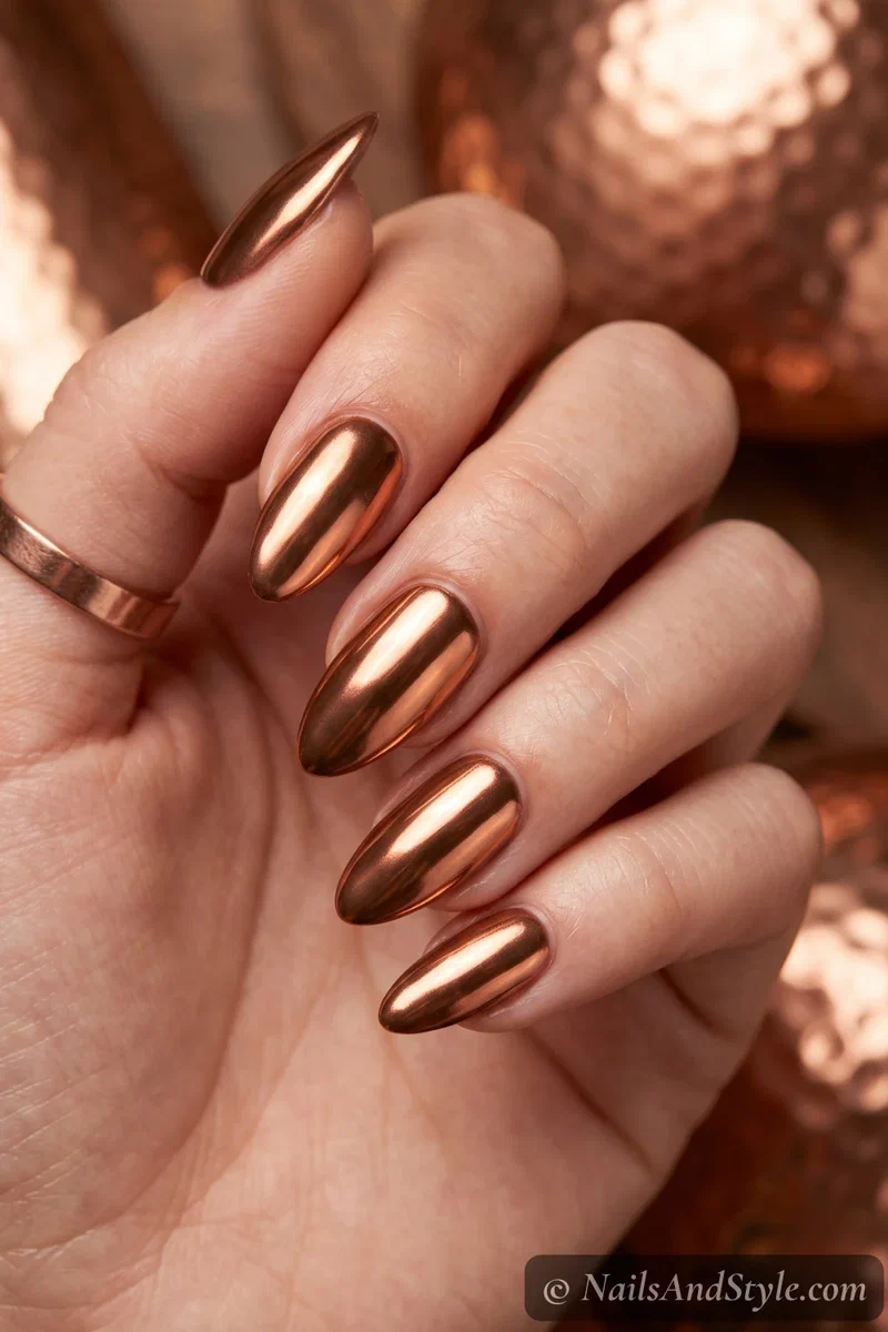 Warm copper chrome nails with a burnished metallic glow