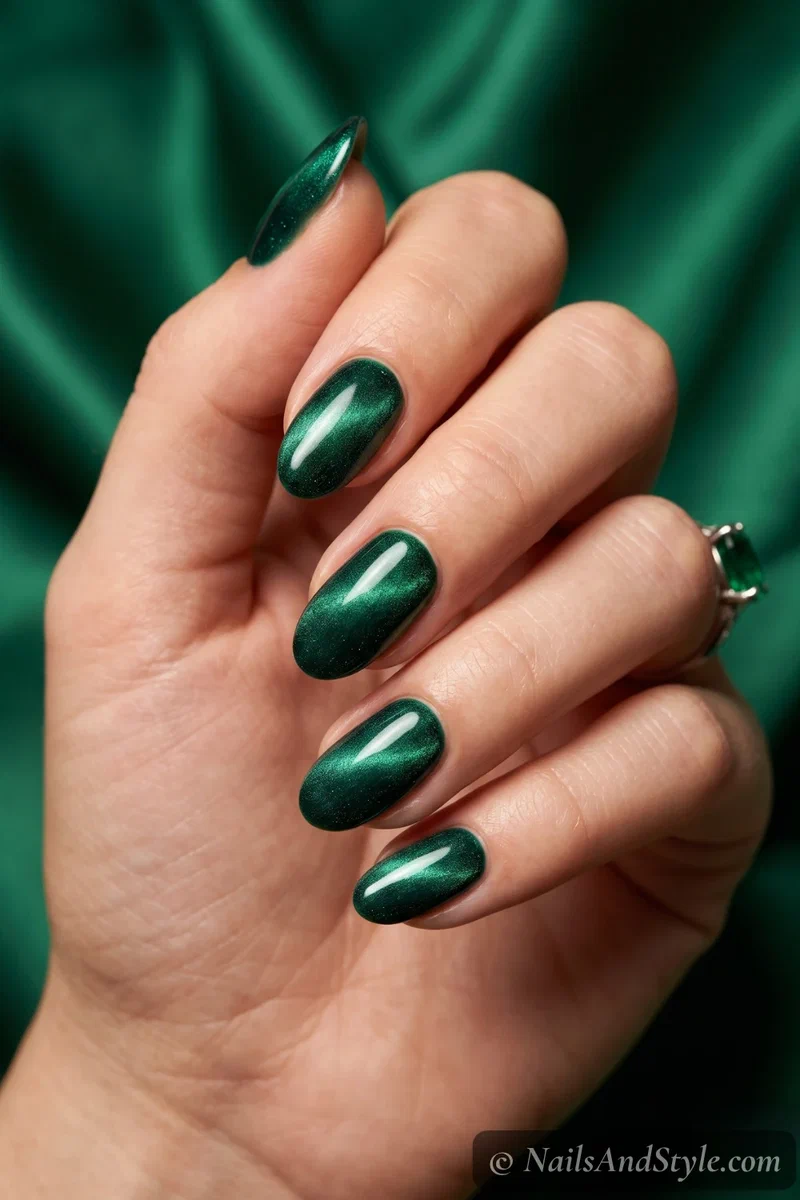 Deep emerald green magnetic velvet nails