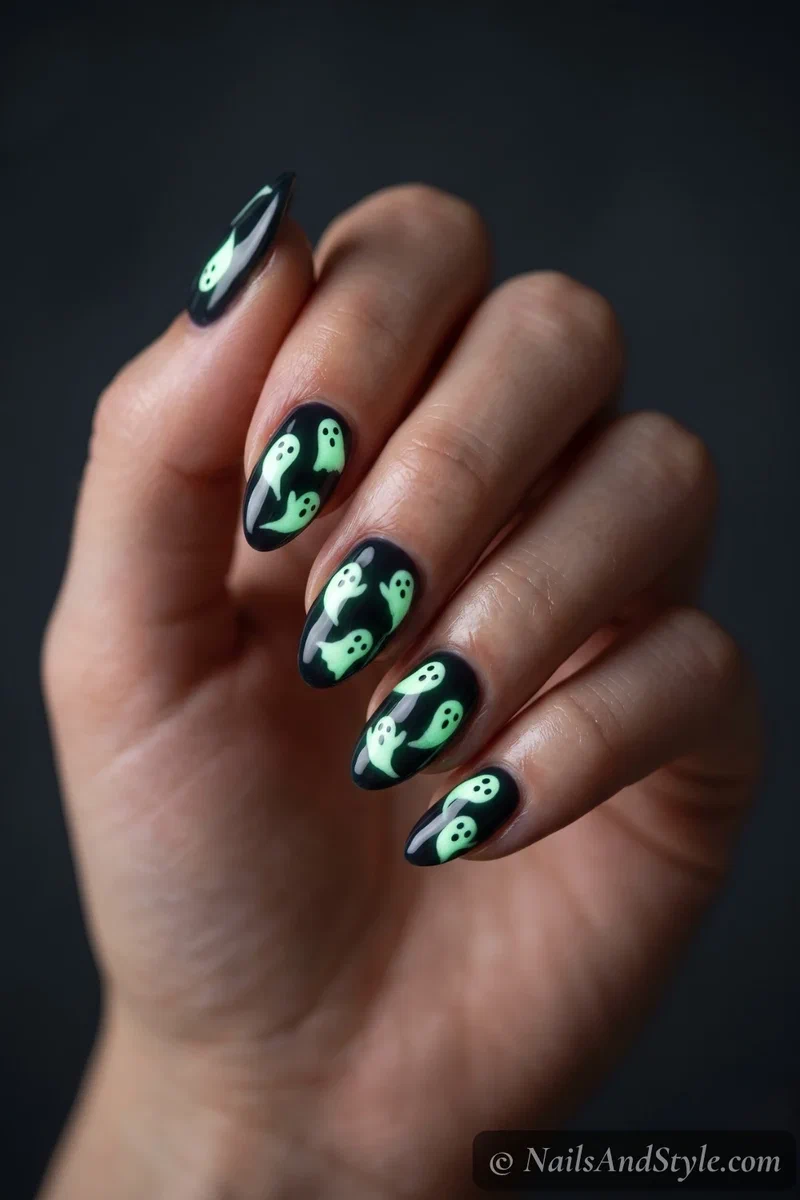 Dark nails with white ghosts glowing green in low light