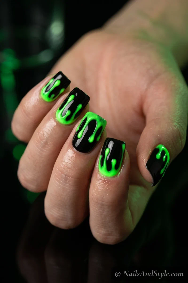 Black nails with neon green slime drips that glow in the dark