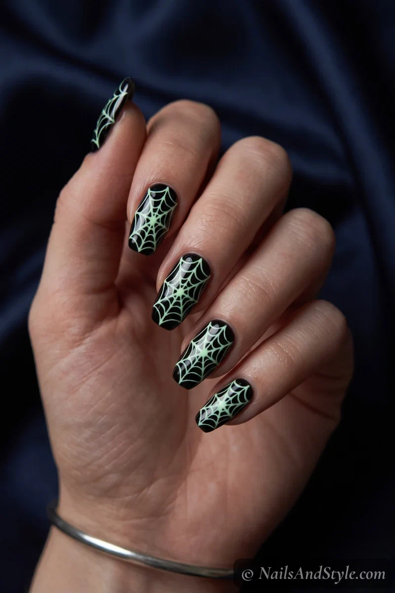 Black nails with a spider web that glows in the dark