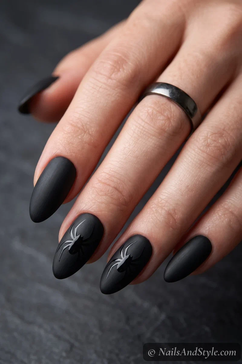 Matte black nails with a glossy black spider that catches the light