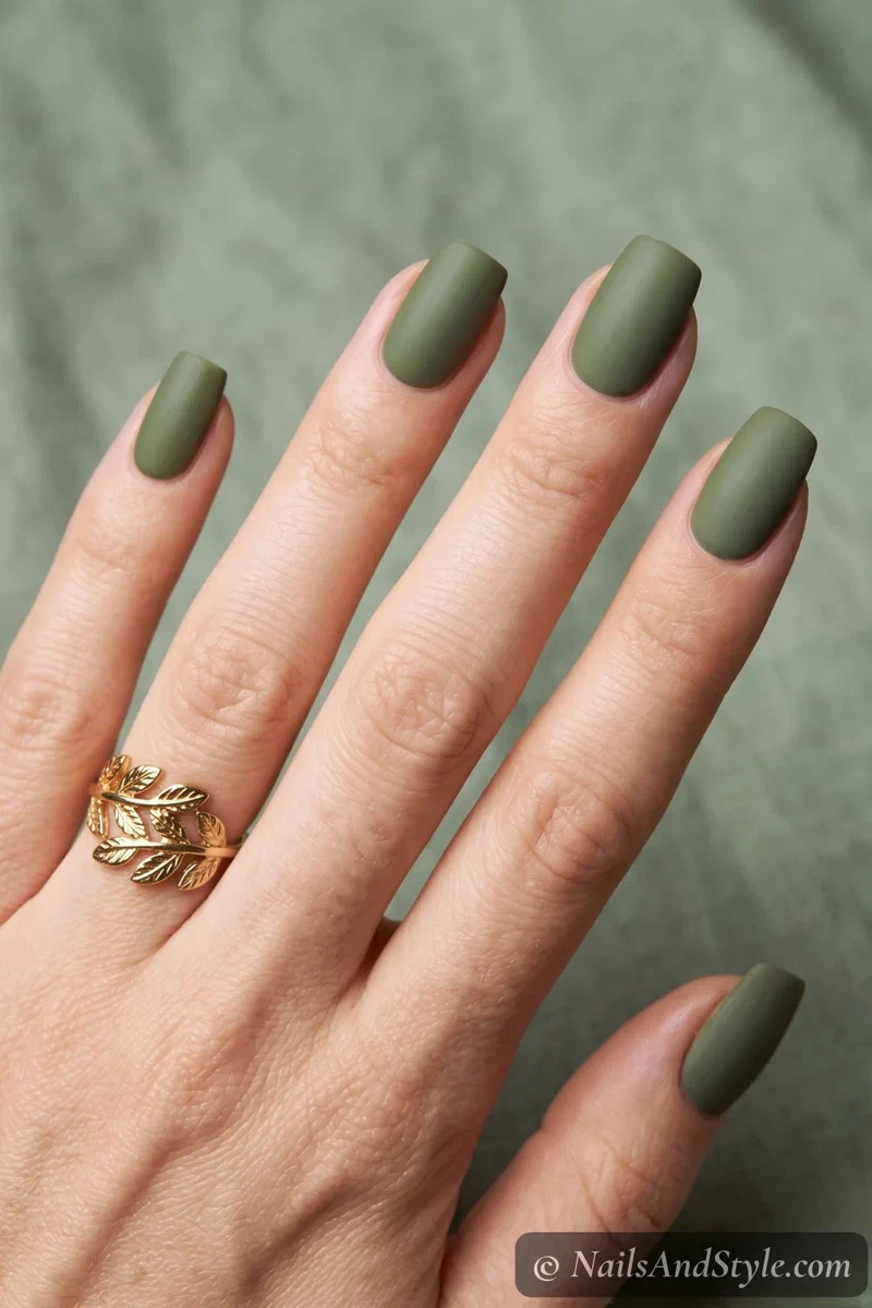 Nails in muted matte olive green