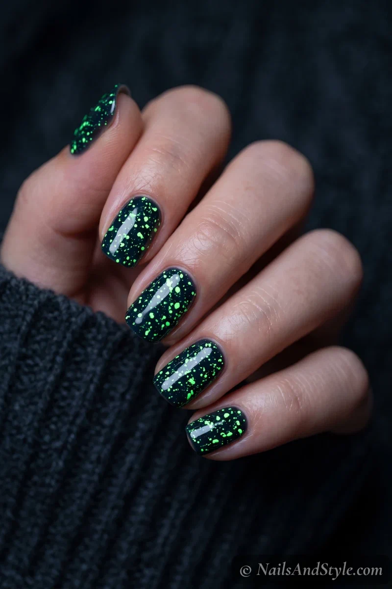 Dark nails with neon splatter specks that glow in the dark