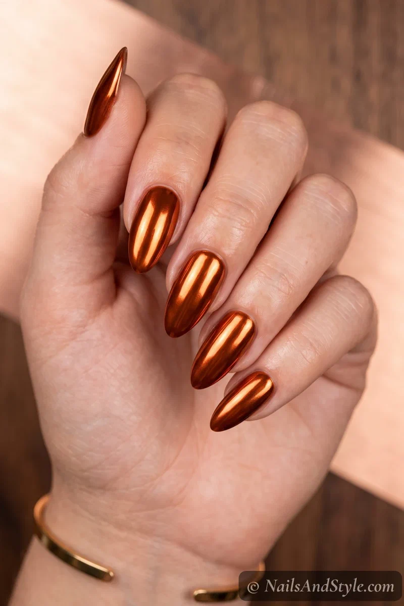 Burnt orange chrome nails with a liquid metal mirror finish