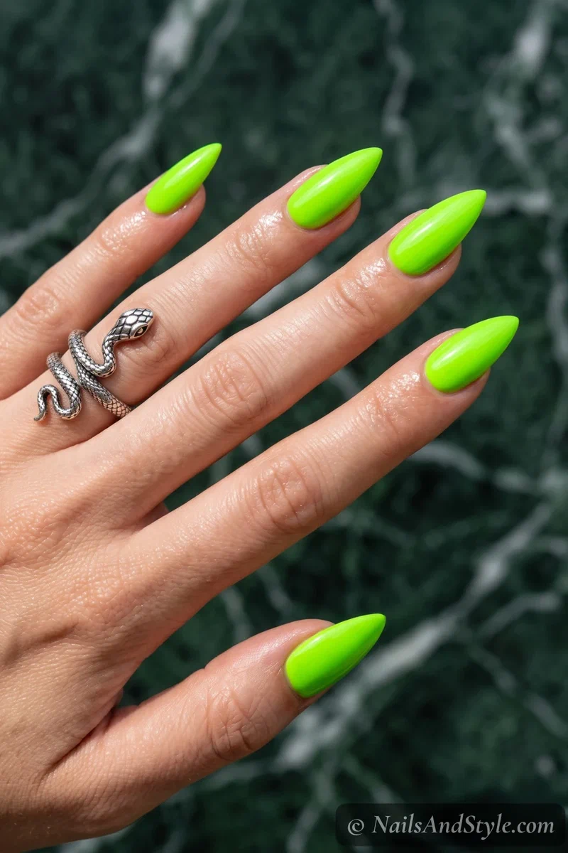 Bright toxic poison green glossy nails