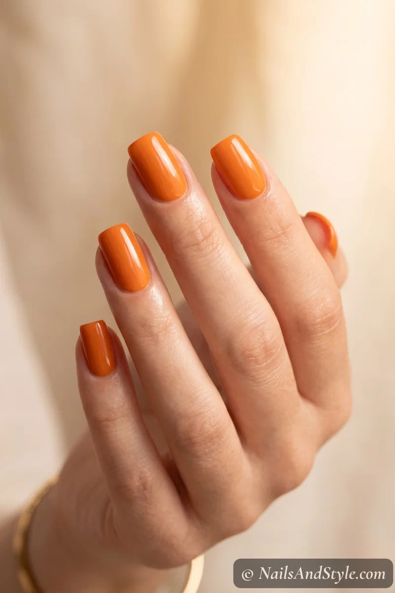 Glossy warm pumpkin orange nails